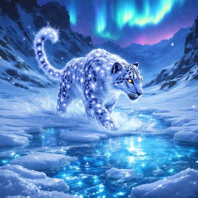 The primary subject of the image is a white polar bear walking through a snowy landscape. The setting includes a frozen river, and the visual style is a digital art illustration. The dominant colors in the image are white and blue, creating a cold and icy atmosphere.
